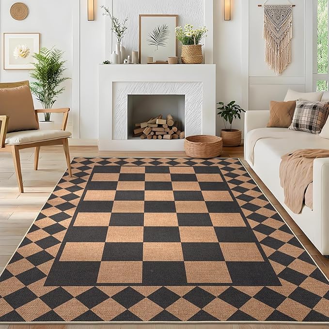 GarveeHome Easy Jute Rug 9x12 Washable Rugs for Living Room Checkered Indoor Outdoor Rug for Patio Non-Slip No Shed Jute Rugs Geometric Carpet for Farmhouse Dining Room Backyard Office, Black Brown