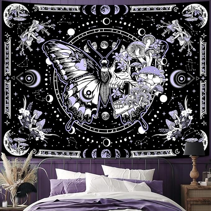 Fungarth Skeleton Butterfly Tapestry Purple Skull Hippie Mushroom Plants Tapestry for Bedroom Moon phase Aesthetic Tapestries Wall Hanging for Living Room Dorm (36.00” x 48.00”, Purple)
