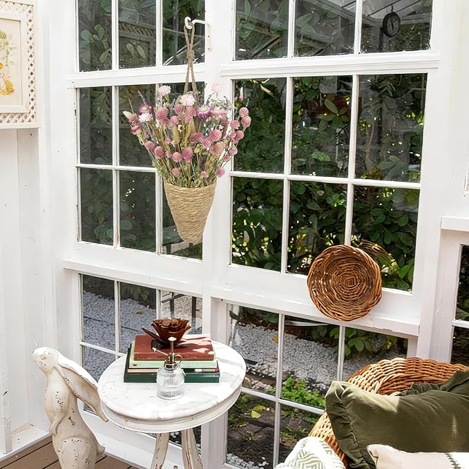 Hanging Wall Basket and Natural Dried Flower Bouquet Conical Hanging Wicker Basket with Hemp Rope Handmade Wall Planter for Garden Home Flowers Planters Boho Decor Front Door Porch Entryway