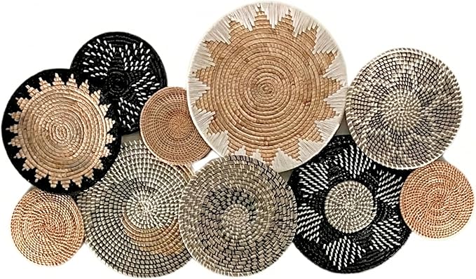 Set of 10 Woven Basket Wall Decor, Decorative Plates for Wall, Unique Wicker Wall Art Decor, Decorative Baskets for Livingroom Bedroom