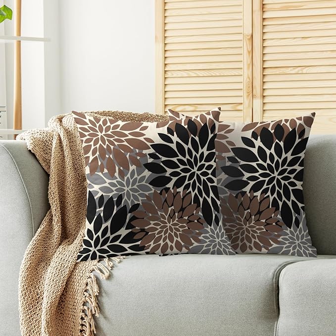 Black Brown Pillow Covers 18X18 Inch Set of 2, Spring Summer Floral Dahlia Flower Cream Decorative Throw Pillow Covers Outdoor Modern Farmhouse Cushion Case for Home Couch Sofa Bed Decor