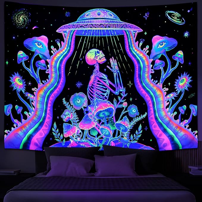 Galoker Blacklight Skeleton Tapestry Neon Mushroom Floral Tapestries UV Reactive Alien UFO Tapestry Galaxy Space Tapestries Wall Hanging for Home Decor(H59.1×W78.7 inches)