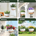2 Pack 12 Hanging Flower Pots with Chains Self Watering Plastic Planters for Indoor Outdoor Plants, Sturdy Triangular Iron Chain Design for Garden PorchPlastic hanging flower pots (2, White-brown)