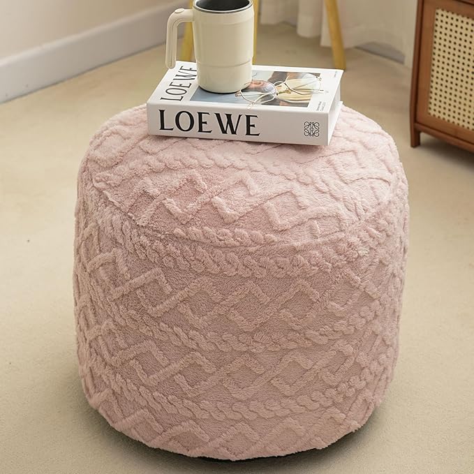 Round Stuffed Pouf Ottoman, Corduroy Poufs with Foam Chunk Filling, Furry and Fluffy Pouf Foot Stool Storage Pink 26"