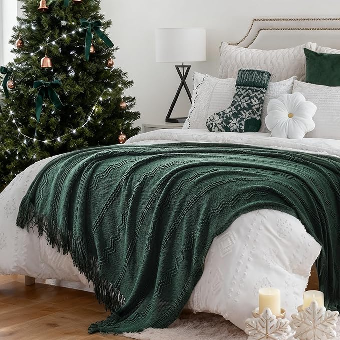 BATTILO HOME Christmas Décor Green Throw Blanket with Fringe, Geometric Bed Throws Dark Green Throws Decorative Throw Blanket for Couch, 50"x60"