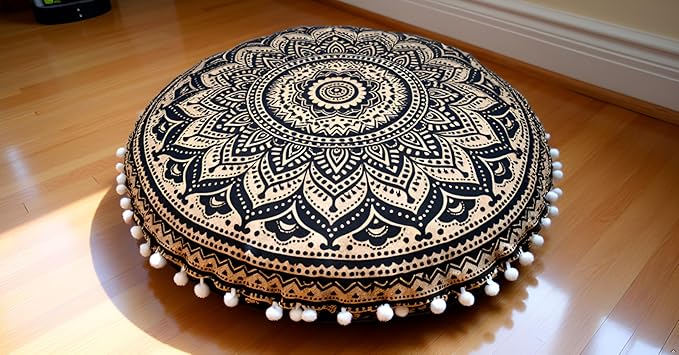 CRAFT KALA Boho Large Floor Pillow Pouf Cover Mandala Meditation Room Pillow Cover for Adults Round Bohemian Seating Pouf Cushion Cover for Kids Playroom 22" Black Gold Ombre