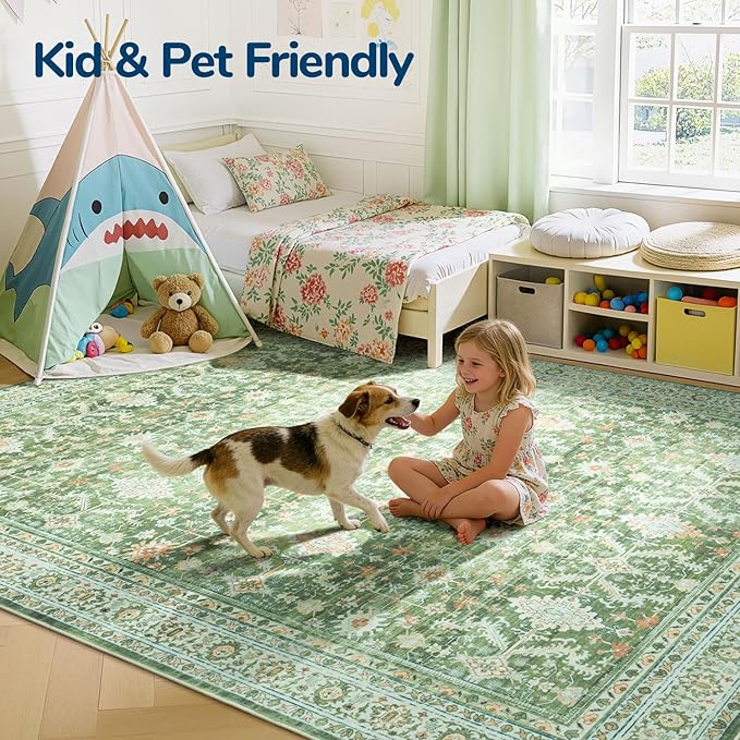 Lessymo 5x7 Washable Area Rug with Non Slip Backing,Soft Boho Indoor Carpets for Living Room Bedroom Nursery, Kid and Pet Friendly, Light Green