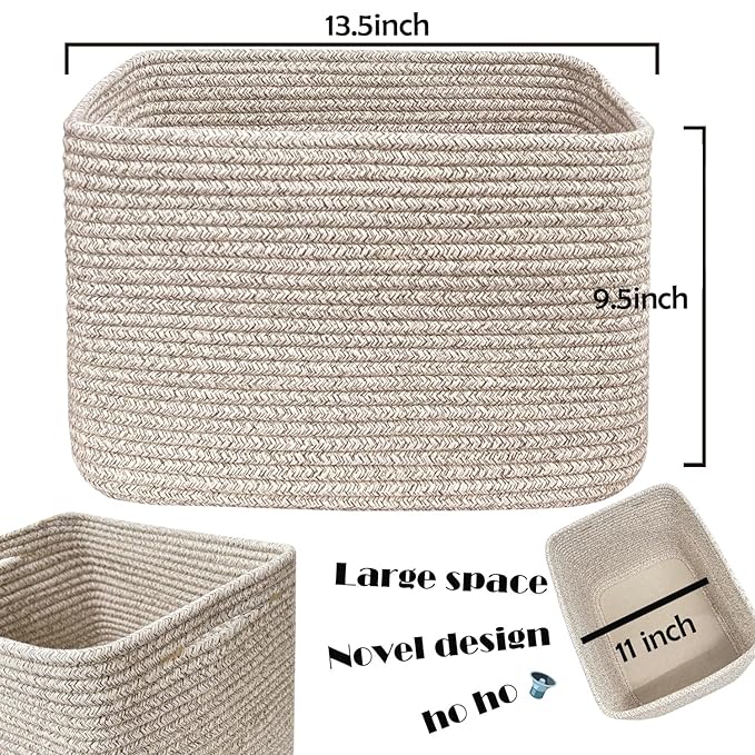 COMFY-HOMI Square Woven Cotton Rope Basket for Organizing, Gift Baskets for Handles, Empty Gift Baskets, Toy Basket for bins|13.5" x 11" x 9.5" home decor for Living Room, Bathroom