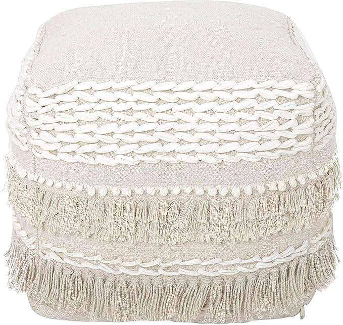 REDEARTH · UNSTUFFED Pouf Ottoman Cover Boho Textured Storage Cube Poof, Farmhouse Accent Pouffe Footrest for Living Room, Bedroom, Nursery, kidsroom, Nook; 100% Cotton (18x18x18; Natural)