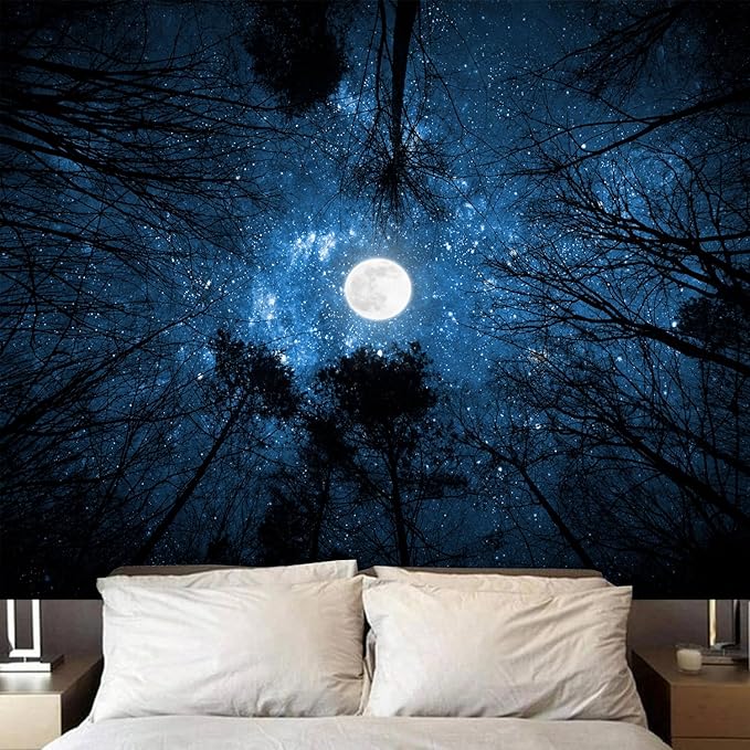 Algasan Forest Galaxy Starry Tapestry, Starry Night Sky Moon Stars Ceiling Tapestry Blue Space with Trees Nature Tapestries Wall Hanging for Bedroom Dorm Living Room (51" X 60")