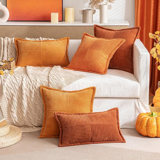 MIULEE Rust Decorative Throw Pillow Covers for Couch Bed Livingroom 20x20 Inch Set of 2 Boho Accent Throw Pllows Broadside Striped Patchwork Soft Corduroy Pillowcases