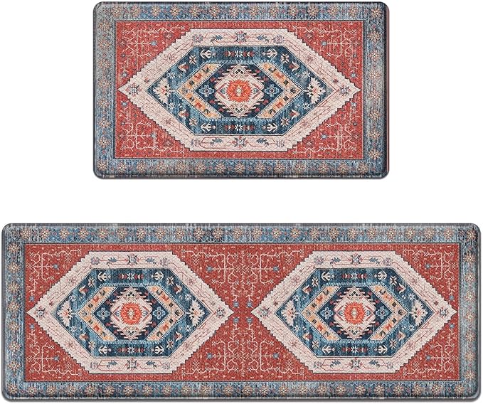 Arttown Kitchen Mats for Floor 2Pcs-Anti Fatigue Non Slip Mats for Kitchen Floor, Cushioned Waterproof & Stain-Resistant Boho Stripe Mat Set