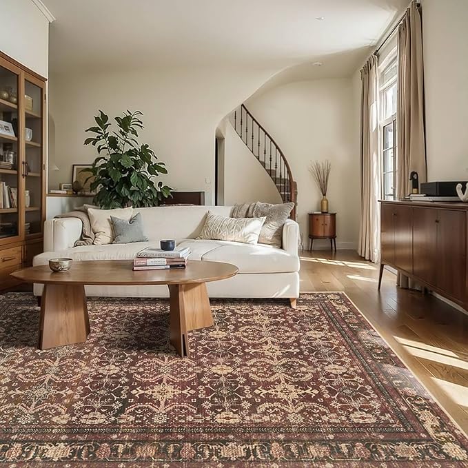 6x9 Area Rugs for Living Room Bedroom, Large Washable Christmas Rug, Vintage Oriental Boho Rug, Non Slip & Low Pile Faux Wool Thin Carpet for Indoor Dining Room, Classroom Dorm and Kids Room