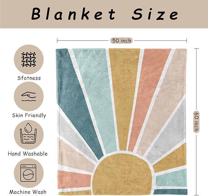 HIWX Boho Sun Throw Blanket – Pastel Sunshine Blanket for Girls or Toddlers, Soft Picnic or Nap Blanket for Nursery or Travel, 50x60 Inches