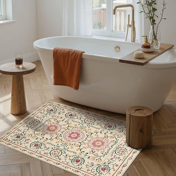Door Mat Floral Entryway Rug, Washable Samll 2x3 Rugs, Boho Yellow Front Door Mats, Non Slip & Low Pile Throw Accent Carpet for Indoor Entrance, Bathroom and Kitchen(Yellow 2x3ft)