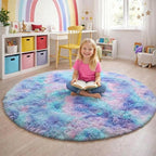 Amdrebio Purple Rainbow Round Rug 5Ft for Bedroom Girls Room Decor, Mermaid Stitch Frozen Kids Rugs for Playroom Nursery Dorm, Fluffy Fuzzy Cute Shag Carpet, Kawaii Circle Area Rugs for Baby Toddler