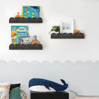 AELS Scalloped Nursery Bookshelf, Set of 3, Picture Ledge Shelf for Wall Decor, Woven Natural Fibre Floating Shelves for Books, Toys, Photo Frames, Nursery, Boho Modern Farmhouse Book Shelf, Black