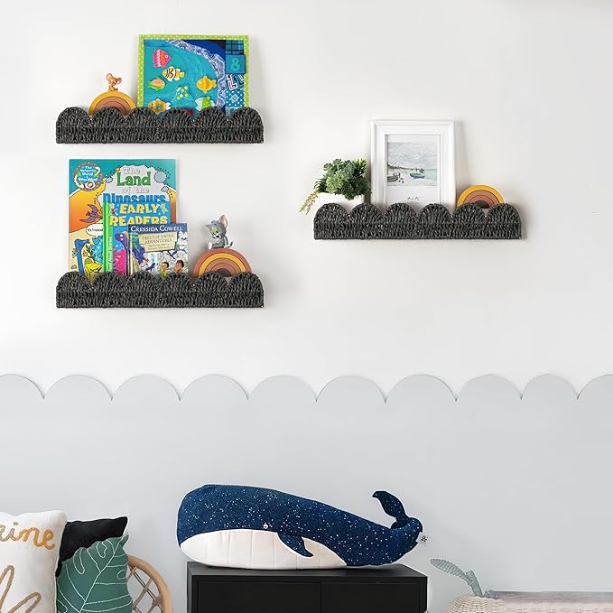 AELS Scalloped Nursery Bookshelf, Set of 3, Picture Ledge Shelf for Wall Decor, Woven Natural Fibre Floating Shelves for Books, Toys, Photo Frames, Nursery, Boho Modern Farmhouse Book Shelf, Black
