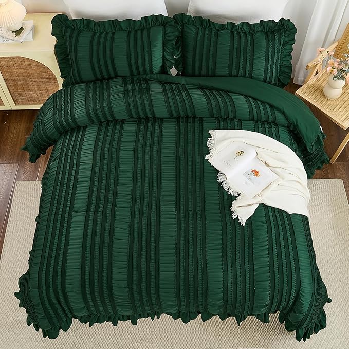 WONGS BEDDING King Size Comforter,Christmas Emerald Green Boho Comforter Set King,Shabby Chic Bedding Set for Bed, 3 Pieces Soft Lightweight Farmhouse Comforter for All Season 104"×90"