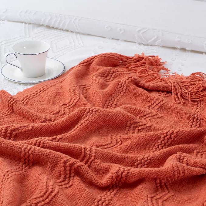 BATTILO HOME Orange Fall Throw Blanket for Couch Sofa, Knitted Decorative Blankets Throws Halloween Throw Blanket Fall Decorations Home Decor (Salmon, 50"x60")