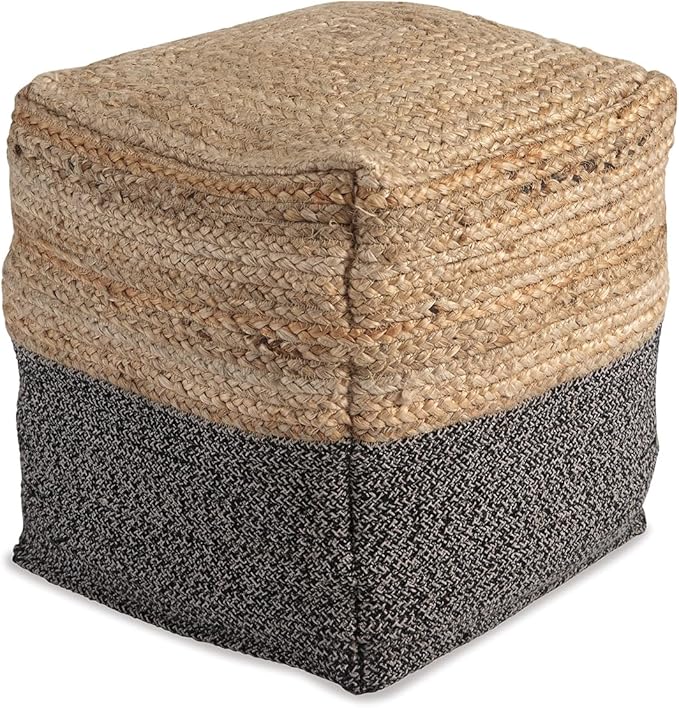 Signature Design by Ashley Sweed Valley Farmhouse Jute Braided Pouf, 17.5 x 20.25 inches, Natural & Black