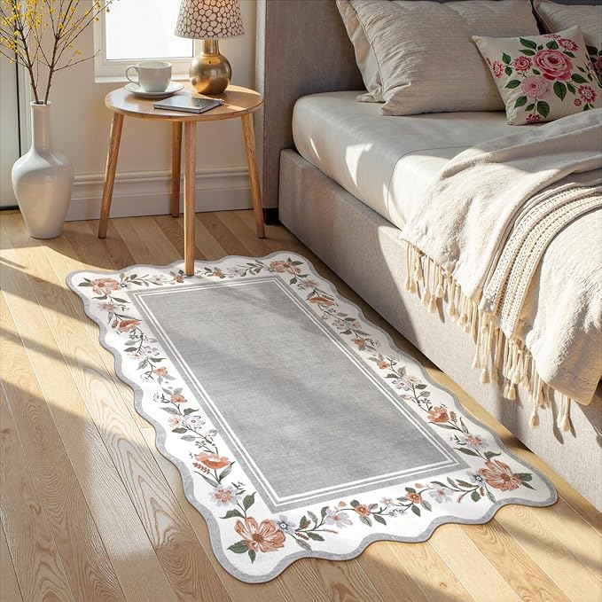 Lahome Floral Entryway Rug, 2x3 Kitchen Rugs Non-Slip, Ulta-Thin Washable Door Mat Indoor Entrance Stain Resistant, Boho Scalloped Throw Rugs for Bathroom Bedroom Ariele Grey