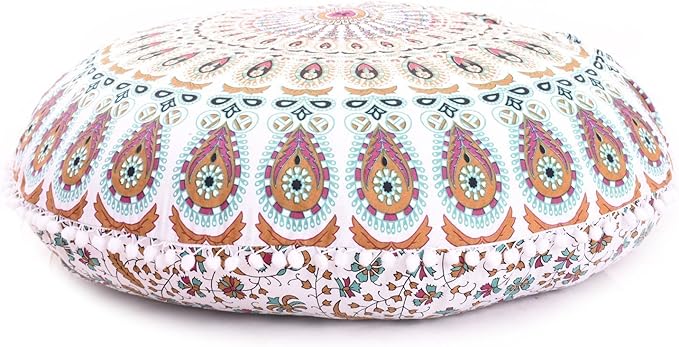 Indian round floor pillow Mandala Floor Pillow Cover Seating Cushion Throw Cover Hippie Decorative Bohemian Ottoman Pouf Cover, Pom Pom Pillow Cases ,Boho 32" Musturd Inches
