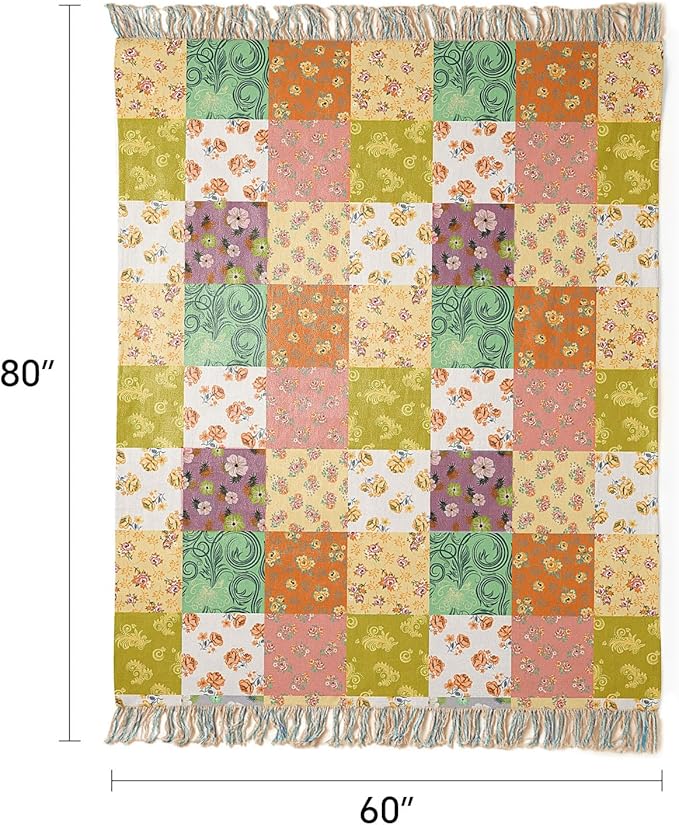 100% Cotton Boho Throw Blanket for Home Decor – Classic Farmhouse Quilt Bedding, Muslin Blankets for Adults, Vintage Woven Decorative Blanket for Couch, Bed Layering Use, Patchwork, 60"x80"