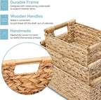 VATIMA Hyacinth Wicker Basket Set 3 size - Rectangular, Wooden Handles, Shelf Organizer, Natural Bins