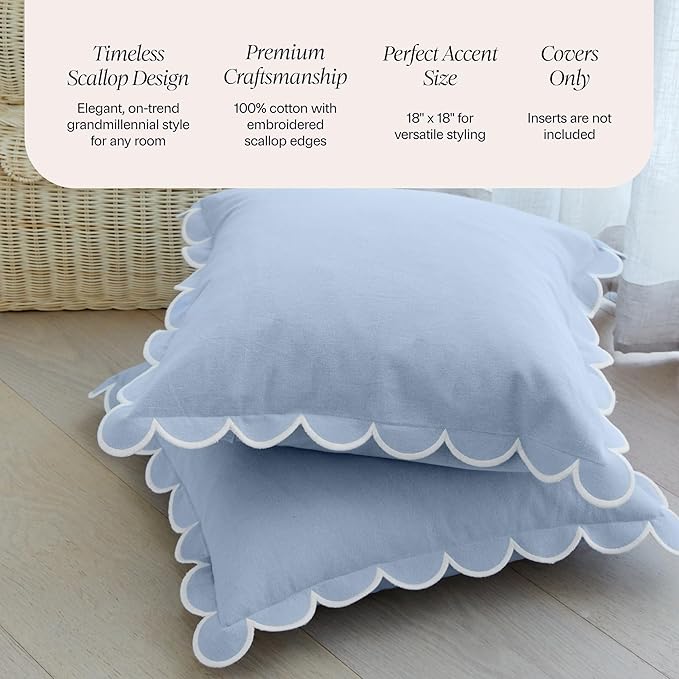 BEBE BASK Blue Scalloped Pillow Cover - Set of 2-18 x 18 Inch - Scallop Pillow Cover - Scalloped Pillows - Scallop Pillows - 100% Cotton - Grandmillennial Style (Sky Blue/White)