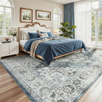 Lessymo Large Area Rugs 9x12 for Living Room, Soft Washable Rug for Bedroom Dining Room Nursery Room Farmhouse, Boho Non Slip Low Plie Carpet Vintage Floral Design, Blue Grey/Beige