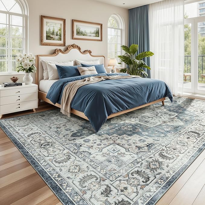 Lessymo Large Area Rugs 9x12 for Living Room, Soft Washable Rug for Bedroom Dining Room Nursery Room Farmhouse, Boho Non Slip Low Plie Carpet Vintage Floral Design, Blue Grey/Beige