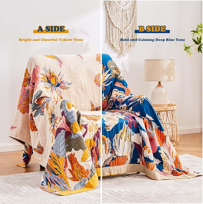 Boho Throw Blanket, 100% Cotton Ultra Soft Luxury Throw Rustic Quilt, 50"x60" Floral Bird Butterfly Farmhouse Decor Bed Blankets, All Season Rustic Reversible Bohemian Throw for Bed - Yellow