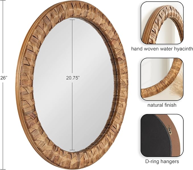 Kate and Laurel Laalima Boho Woven Round Mirror, 26 Inch Diameter, Rustic Brown, Decorative Circle Mirror with Authentic Water Hyacinth Frame for Coastal Mirror Decor