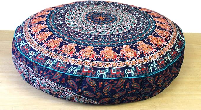 ICC Large Hippie Mandala Round Floor Pillow Cover Ottoman Pouf Cover Daybed Oversized Cotton Cushion Cover with Heavy Duty Zipper Seating Ottoman Poufs Dog-Pets Bed (Brown Elephant, 35" Round)