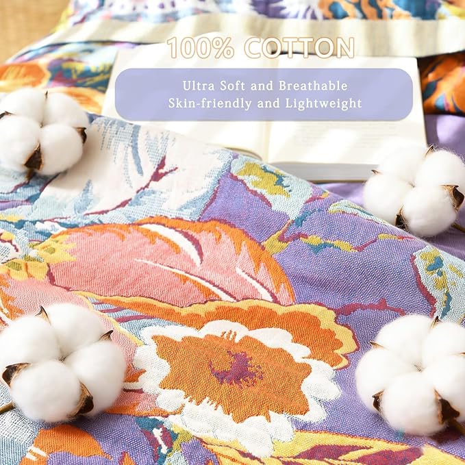 Boho Blanket Soft Muslin BohoThrow Blanket, 100% Cotton Floral Printed Farmhouse Decor All Season Reversible Rustic Throw for Sofa Couch Chair (Purple, 90"x98")