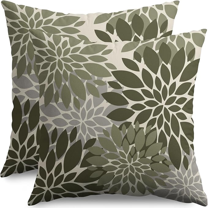 Olive Green Grey Gray Pillow Covers 18X18 Inch Set of 2, Dahlia Flower Spring Summer Floral Cream Decorative Throw Pillow Covers Outdoor Modern Farmhouse Cushion Case for Home Couch Sofa Bed Decor