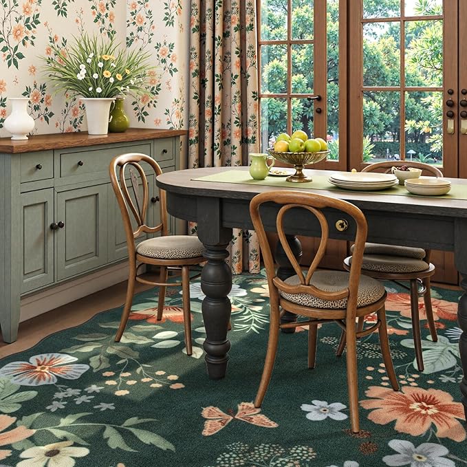 Lahome Floral Washable 6x9 Area Rugs, Soft Bedroom Rug for Living Room Ultra-Thin Non Slip Dining Room Rug, Stain Resistant Boho Rugs Throw Carpet for Office Flore (6'x9',Dark Green)