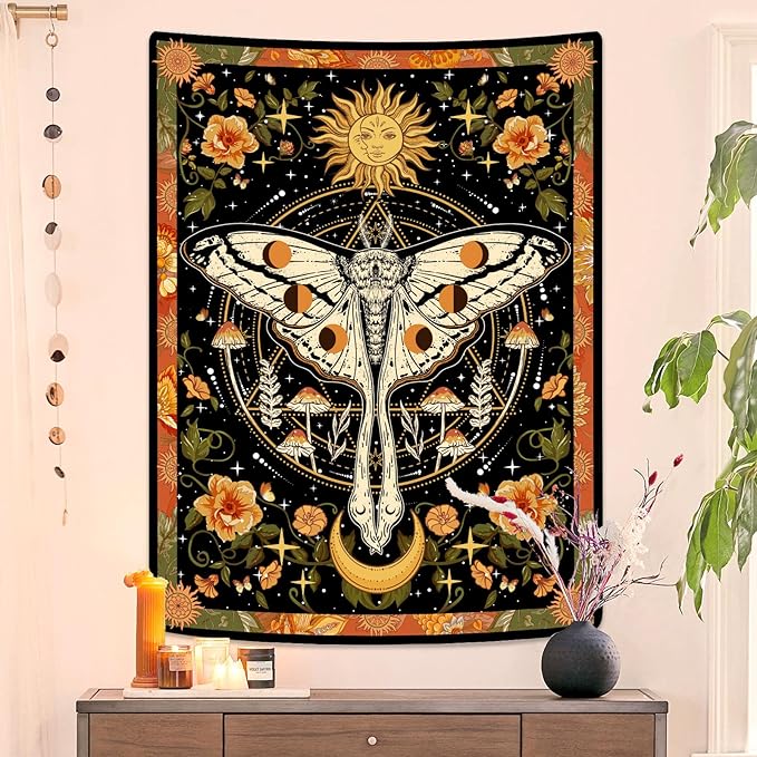 Aipon Orange Moth Tapestry Boho Retro Floral Flowers Tapestries Aesthetic Vintage Mushroom Tapestries Bedroom Indie Vertical Tapestry Wall Hanging for Living Room Dorm (60.00'' × 80.00'', Orange)