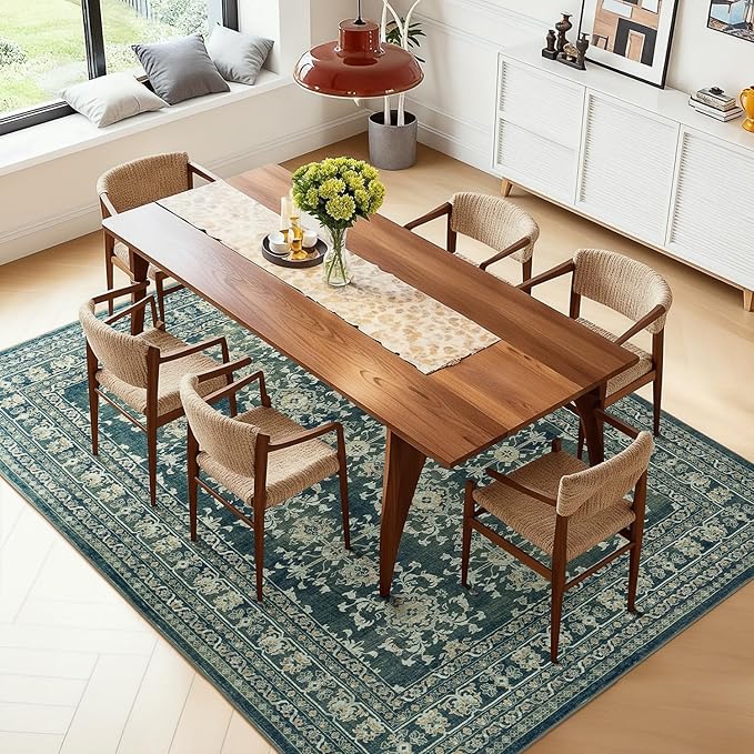 Lessymo 6x9 Area Rugs for Living Room, Machine Washable Non Slip Rug, Soft Low Pile Carpet for Bedroom Dining Home Office, Vintage Dark Green Distressed Floral Floor Mat