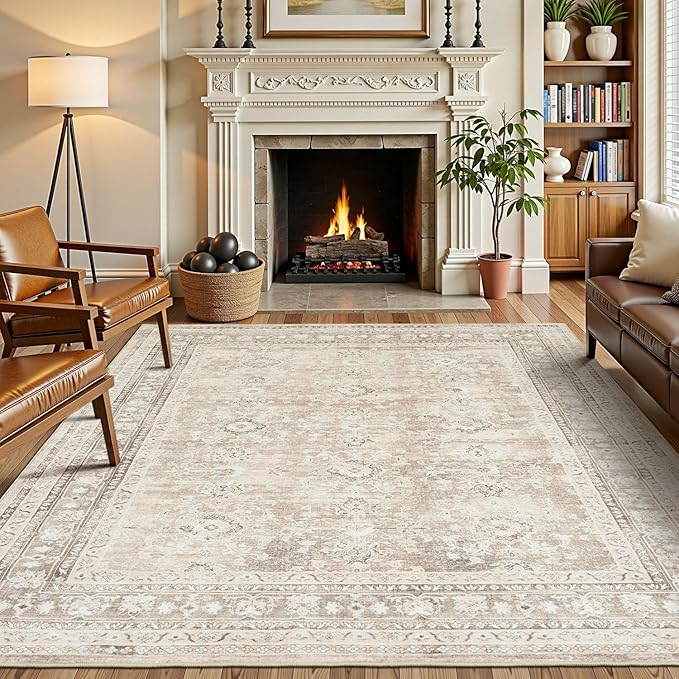 Lessymo 5x7 Area Rugs for Living Room, Machine Washable Non Slip Rug, Soft Low Pile Carpet for Bedroom Dining Home Office, Vintage Beige Distressed Floral Floor Mat