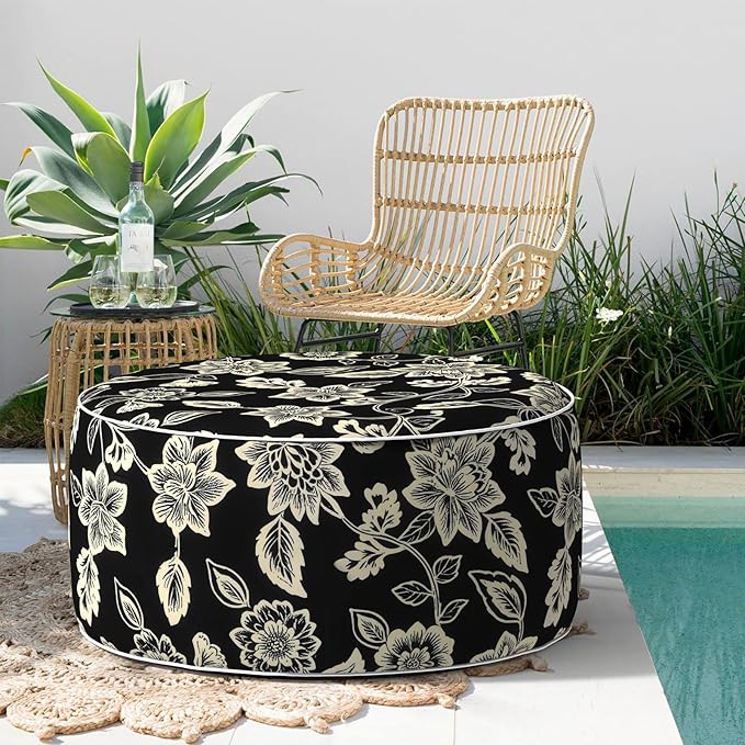 Indoor/Outdoor Inflatable Ottoman, Water Repellent Round Foot Rest Ottomans D31 x H14 inch, Portable Footstool for Patio Garden Camping or Home, Elegant Vines Black