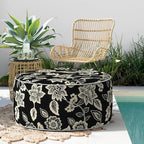 Indoor/Outdoor Inflatable Ottoman, Water Repellent Round Foot Rest Ottomans D31 x H14 inch, Portable Footstool for Patio Garden Camping or Home, Elegant Vines Black