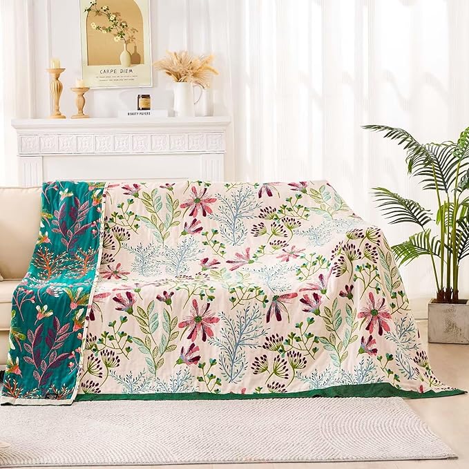 Boho Throw Blanket for Bed, 100% Cotton Soft Rustic Quilt Fall Blanket, 50"x60" Green Floral Printed Farmhouse Decor Bed Blankets, All Season Rustic Reversible Bohemian Throw Quilt