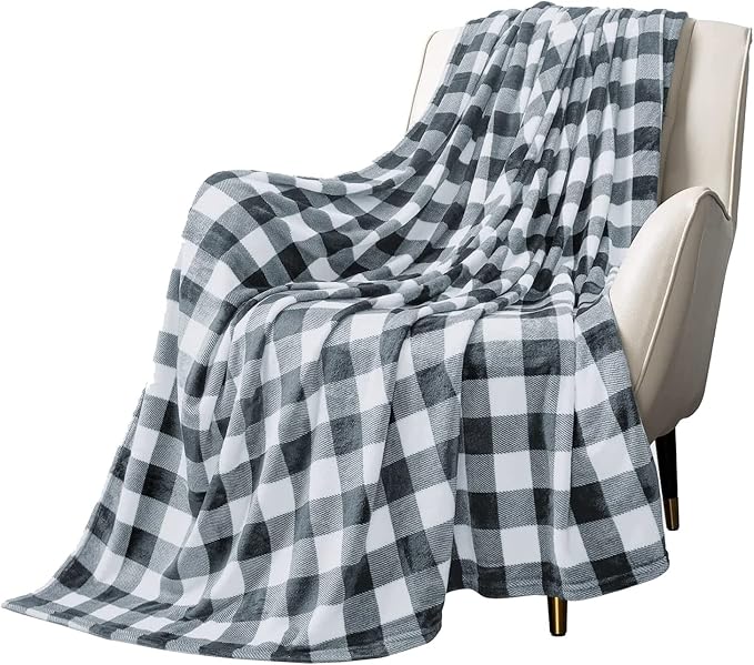 MACEVIA Flannel Fleece Throw Blanket for Couch, Buffalo Plaid Blanket Gray and White, Lightweight Cozy Soft Blanket for Bed Sofa 260GSM, Suitable for All Seasons (Gray White Checkered,60x50inches)
