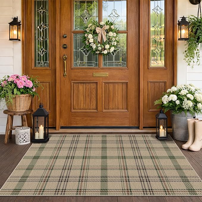 Washable Door Mat Indoor Entrance - Large Entryway Rug 2'3" x 3'7" (27.5" x 43"), Non Slip Sage Plaid Decor for Kitchen, Bathroom, Easy Jute Layering Rug for Front Porch