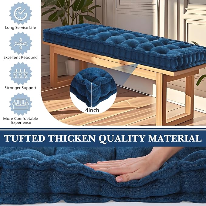 Geelin 48x18 Inch Bench Cushions for Indoor Furniture Window Chenille Velvet Navy Blue Button Tufted Thicken Seat Pad Mat with Memory Foam Sofa Chair Daybed Floor Pillow for Living Room Porch Swing