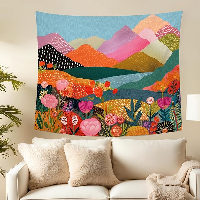 MNASAIOO Colorful Mountian Floral Wall Tapestry Hanging for Bedroom, Trendy Landscape Tapestries, Retro Abstract Wall Decor Banner for Living Girly Room Dorm 50x60in