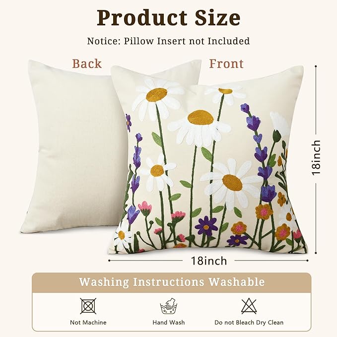 Floral Embroidered Decorative Throw Pillow Covers 18x 18 Inch Set of 1, Boho Spring Farmhouse White Daisy Flowers Patterned Canvas Cushion case for Couch Sofa Bed Living Room Home Decor