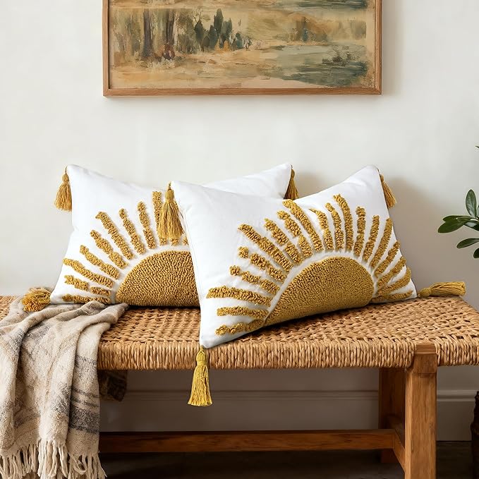 Boho Throw Pillow Covers 12x20 Inch Sun Tufted Lumbar Pillow Covers with Tassels, Bohemian Farmhouse Decorative Cushion Cover for Couch Sofa Bedroom Living Room Home Decor (Yellow-Thin)